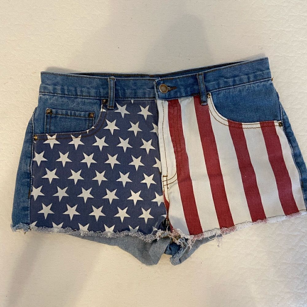 Red white blue flag blue jean shorts